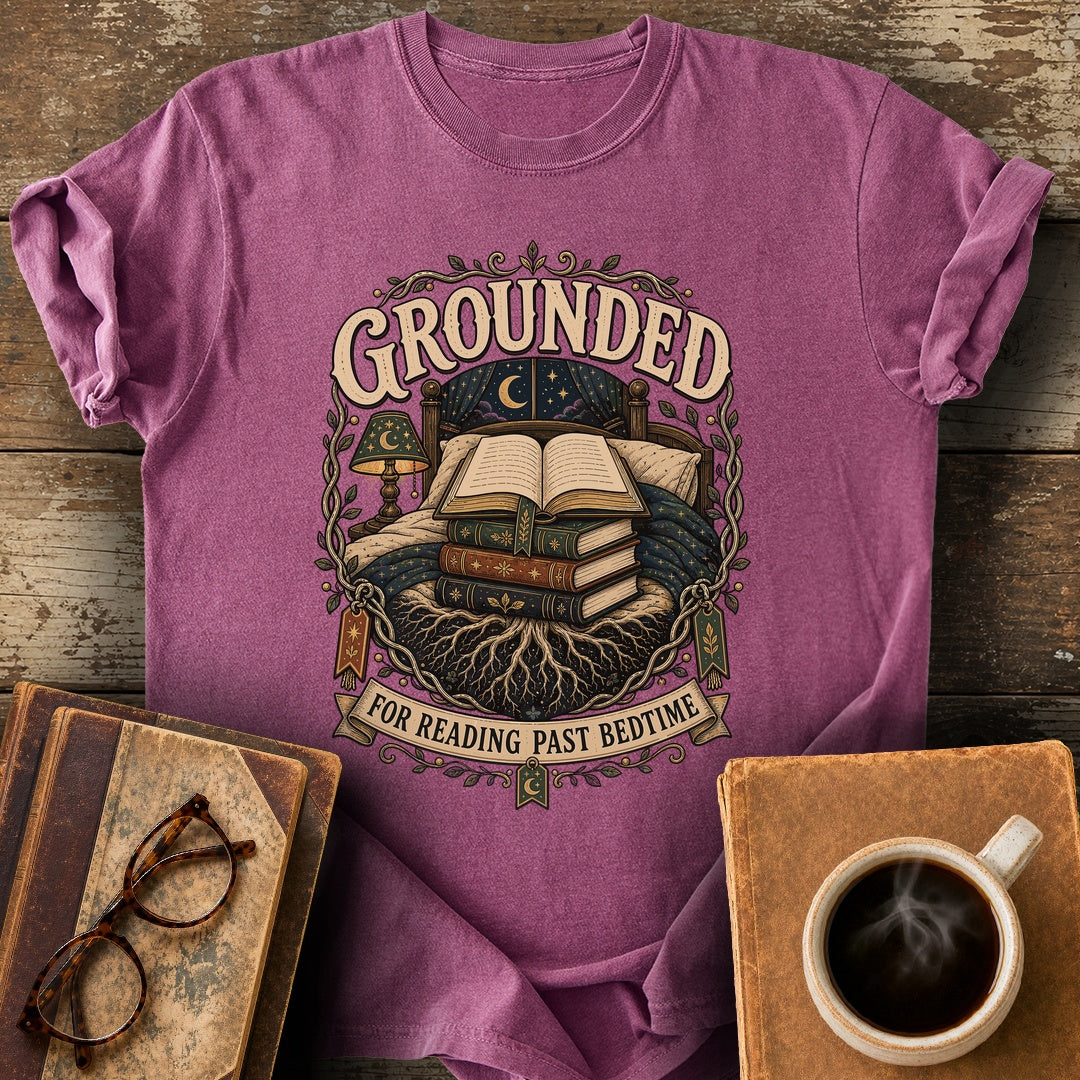 Grounded for Reading Past Bedtime Tee - berry shirt mockup